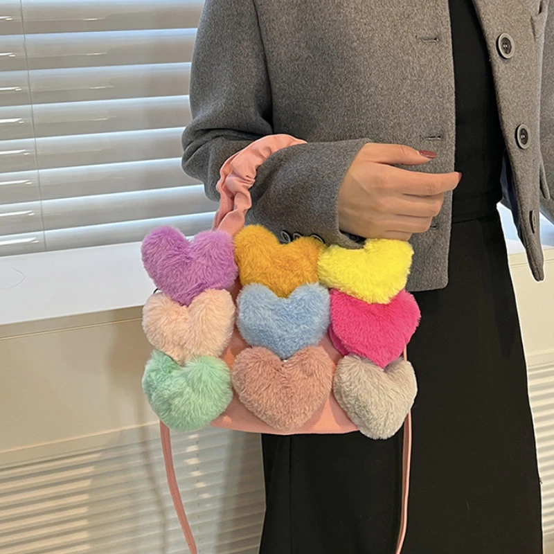 

Plush Shoulder Bag Sweet Cute Bags for Women Autumn Winter New Heart-shaped Pattern Fashion Denim Portable Handbag Crossbody Bag