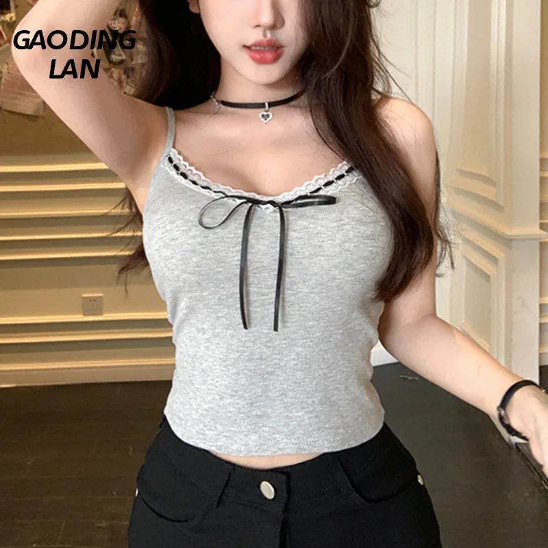 

L-4XL 50-100KG Large Size Bow Lace Tanks Fat Women Bottom Camis Sleeveless Expose Navel Sexy Crop Tops Backless Basic Camisole