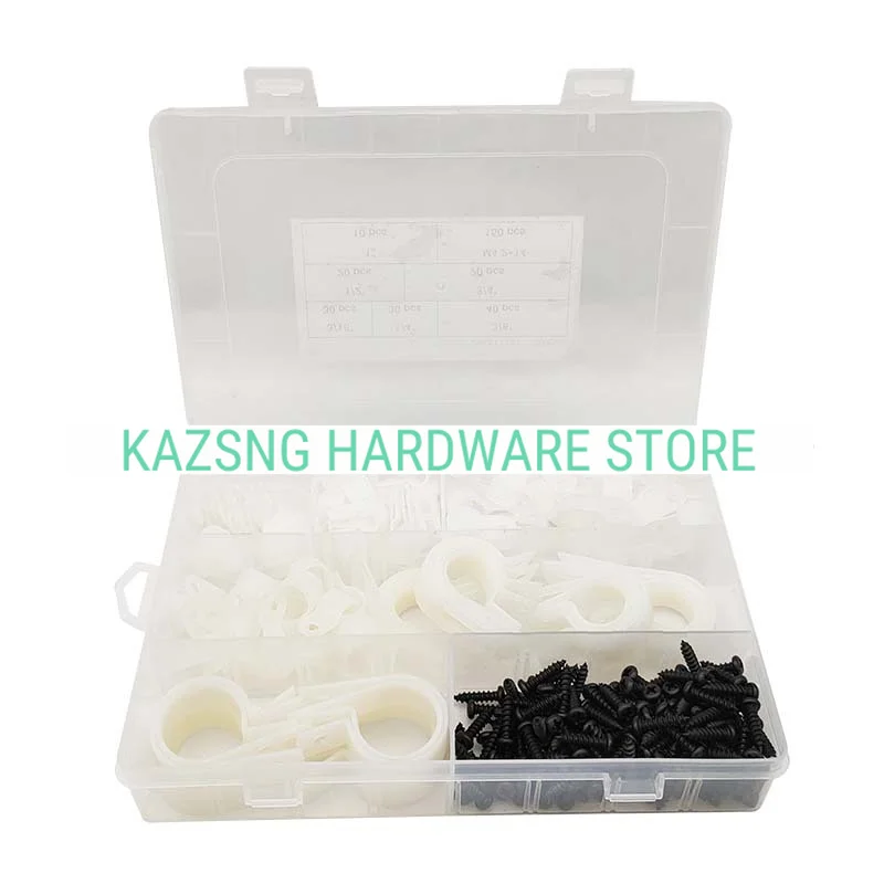 

KAZSNG 300pcs/ Box Black Nylon R Wire Clip Carbon Steel Tapping Screw Combination Set Cable Fastening Tape Screws and Nuts Jdm