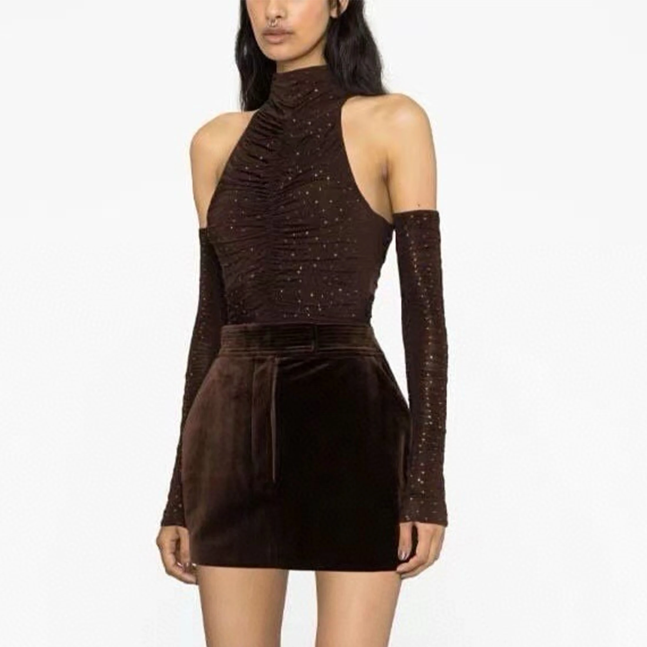

NIGO Women's Sexy Solid Color Hot Drill Pleated Stretch Slim Jumpsuit High Waisted Velvet Mini Halter Skirt Ngvp #nigo7948