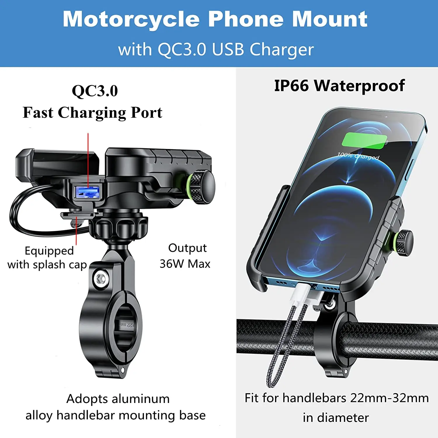 Universal Motorcycle Phone Holder with Quick USB and Wireless Charging, Mirror Stand and Handlebar Mount