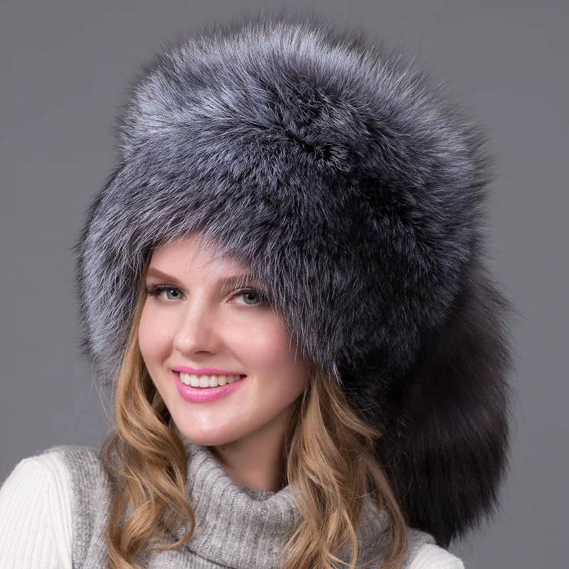 

True Fox Fur Grass Big Round Hat Women's Ear Protection Hat Silver Fox Thickened Mongolian Hat Women's Winter