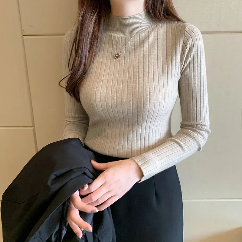 

Autumn and winter new style knitted half-collar solid color undershirt inside and outside sweaters female wear white