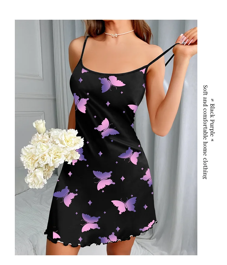 Women's Nightdress Nightgown Summer Sleeveless Night Dress Butterfly Print Cami Sleepwear Soft Comfortable Lounge Wear Nightwear