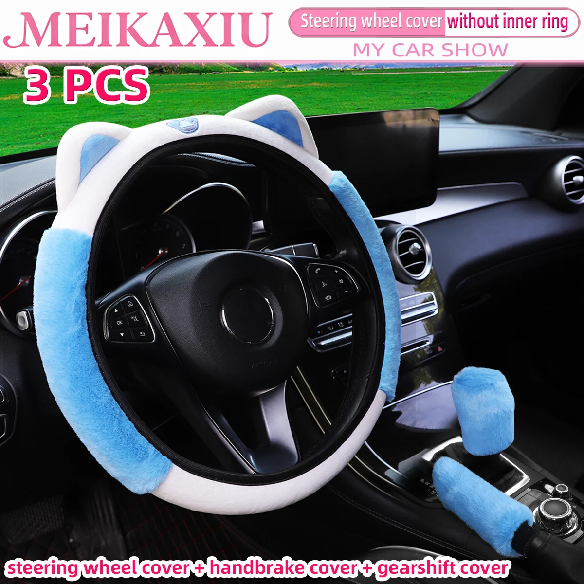 Elegant Plush Short Fur Steering Wheel Cover - Pink Cat Design (Set of 3)