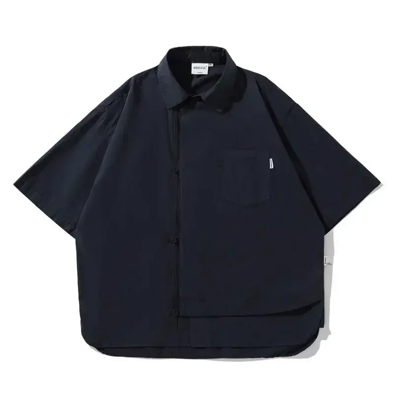Summer Fashion Dark Blue Creative Placket Short Sleeved Shirt Traditional Tang Blouse Men Casual Loose Tops Online Chinese Store