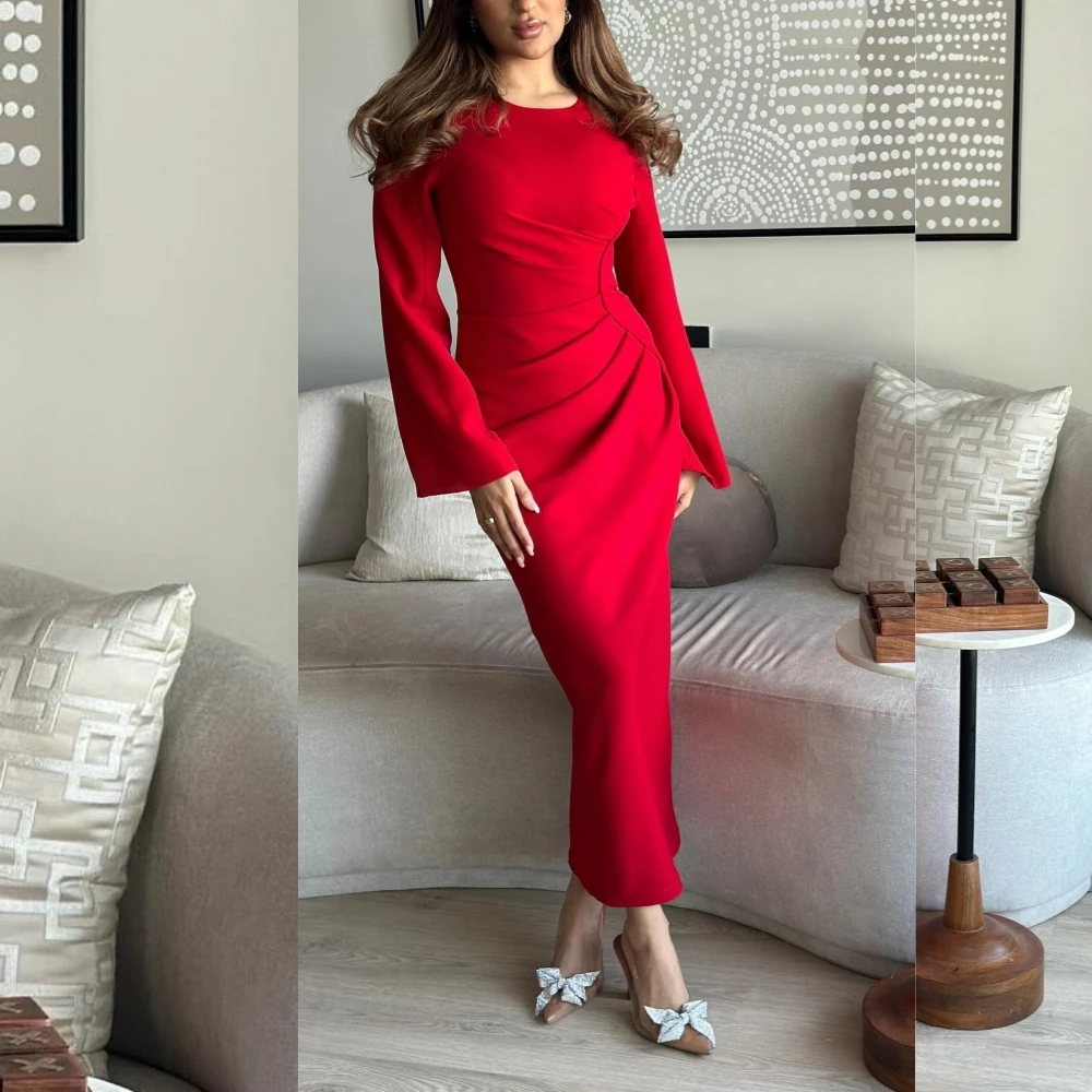 Jiayigong  Satin Pleat Ruched Clubbing Sheath O-Neck Bespoke Occasion Gown Long Sleeve Dresses