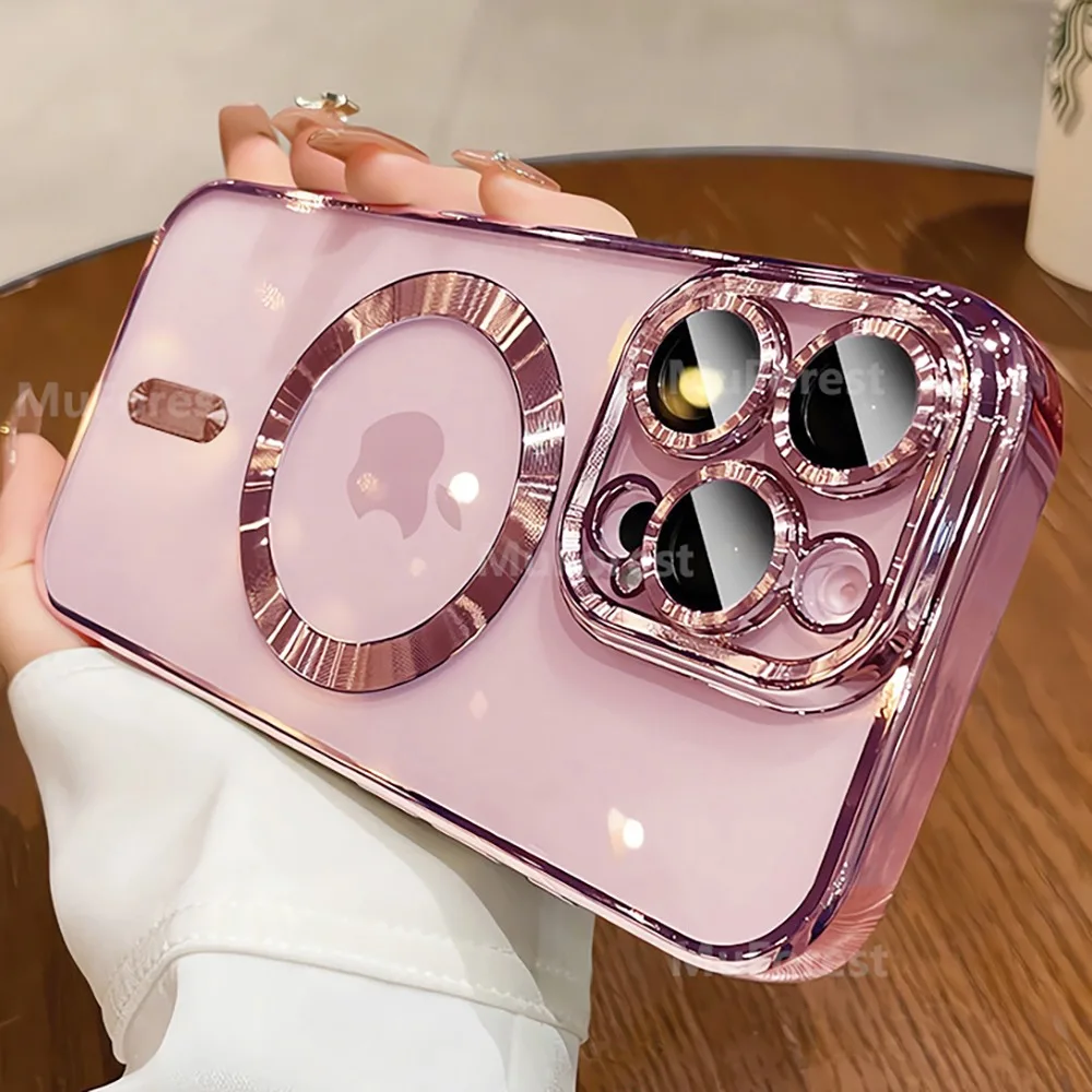 Luxury Transparent Pink Soft Plating Case with Magnetic Lens Protection