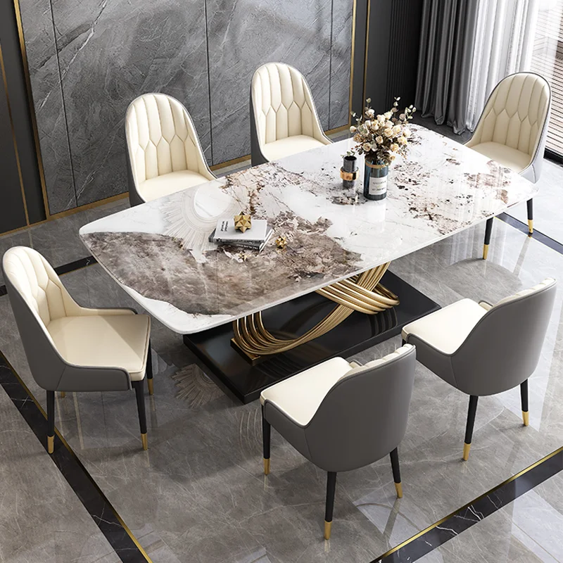 Modern Unique Design Stainless Steel Dining Tables and Chairs Marble Rectangular Modern Dining Table Set