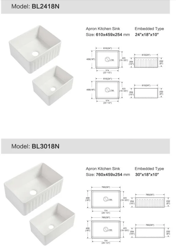 30 Inch Single Bowl Fireclay Farmhouse Sink Butler Sink Kitchen Sinks