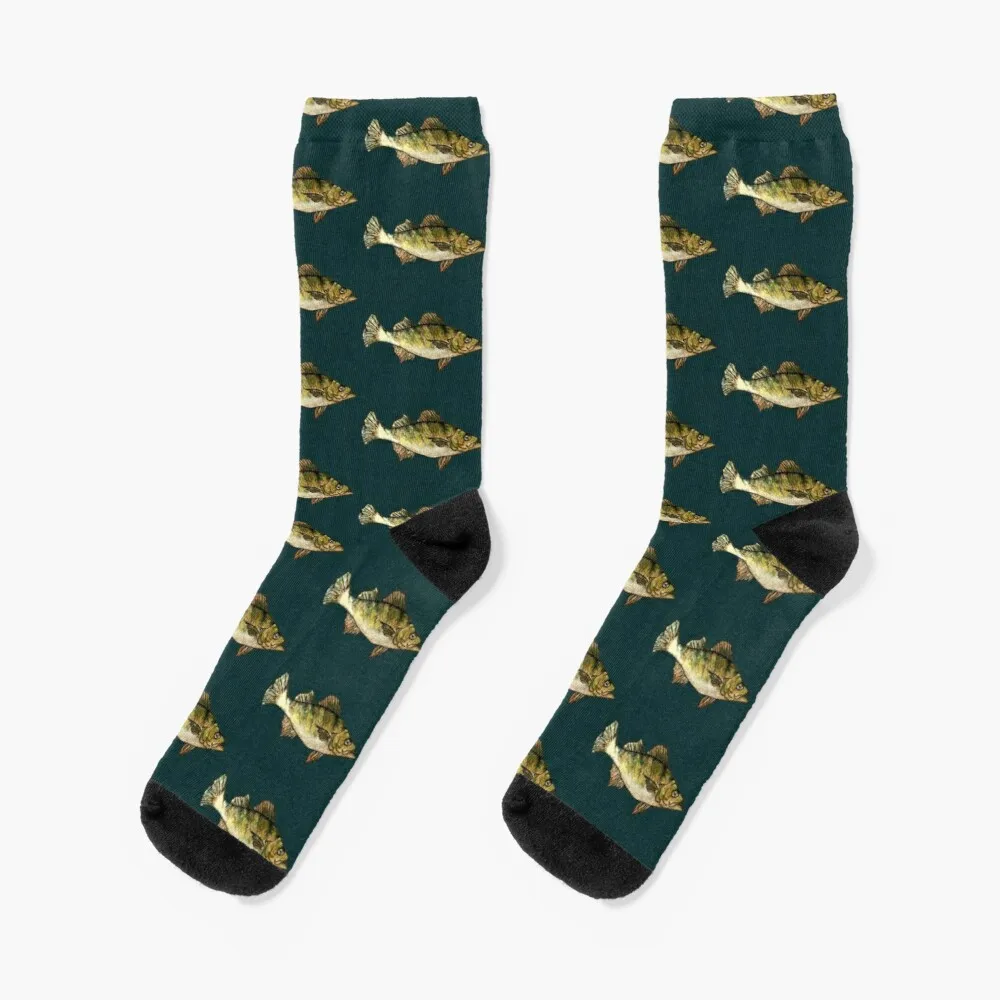 Yellow Perch Fish Drawing- Dark Green Socks Heated Socks Stockings Compression