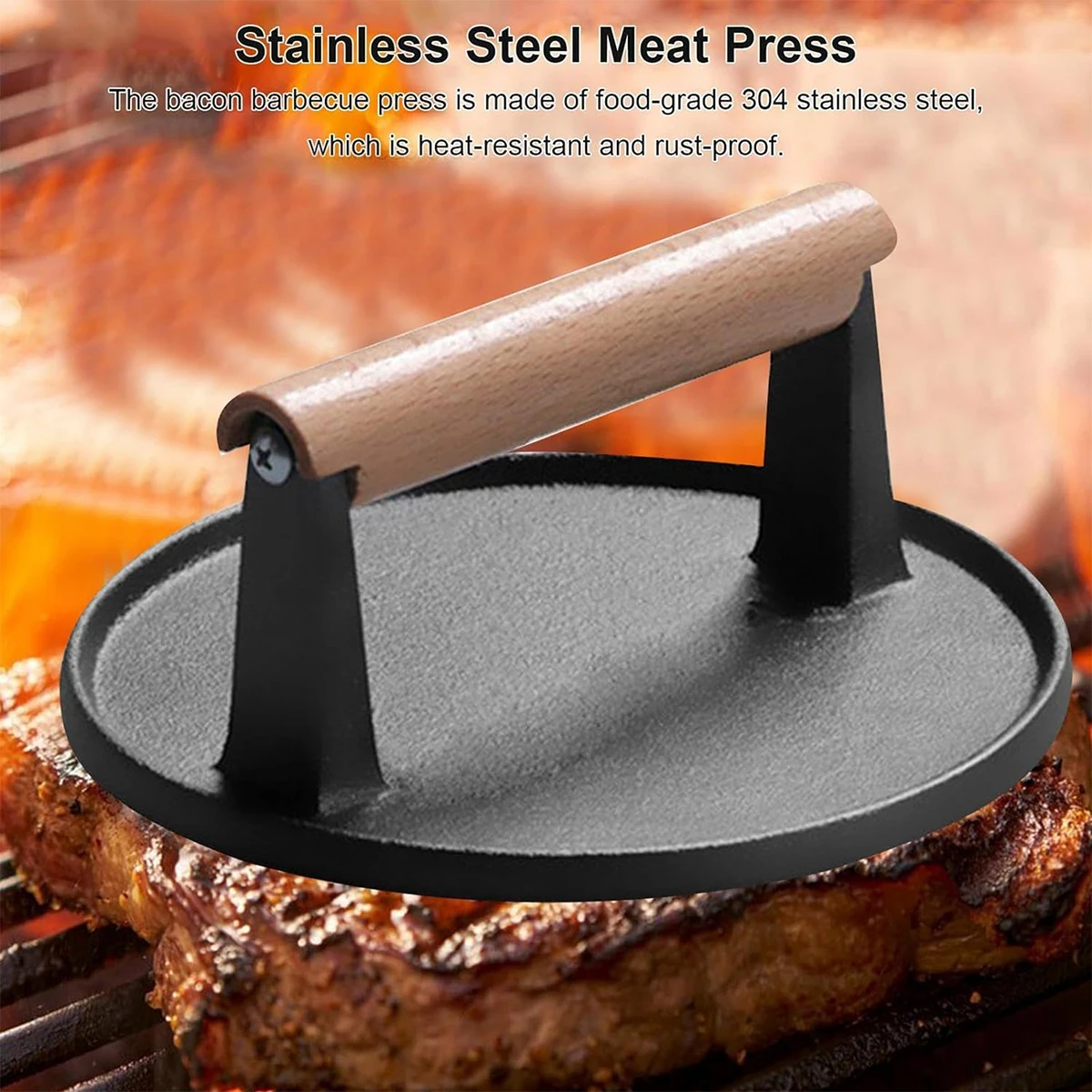 Burger Press Heavy-duty Cast Iron Smash Bacon Press Meat Steak With Wood Handle Bacon Grill Non-stick Round Meat Plate