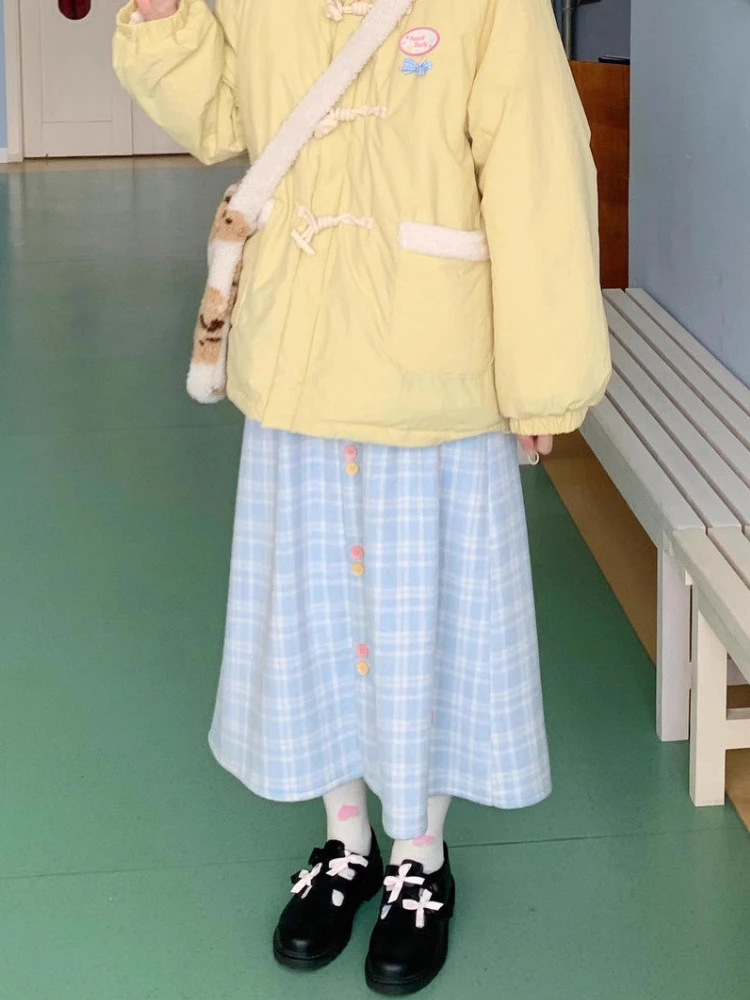 HOUZHOU Kawaii Plaid Skirt Women Winter Elastic Waist A-line Button Patchwork Cute Blue Woolen Long Skirt Harajuku Fashion