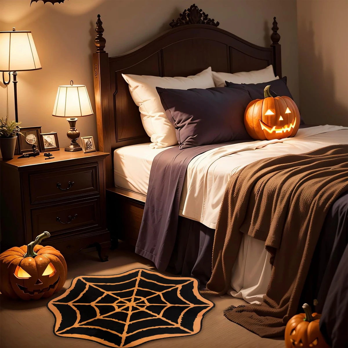 1PC Washable Spooky Gothic Rug Non-Slip Spiderweb Aisle Runner Spider Web Rug Orange Black Halloween Party Mat for Home Decor