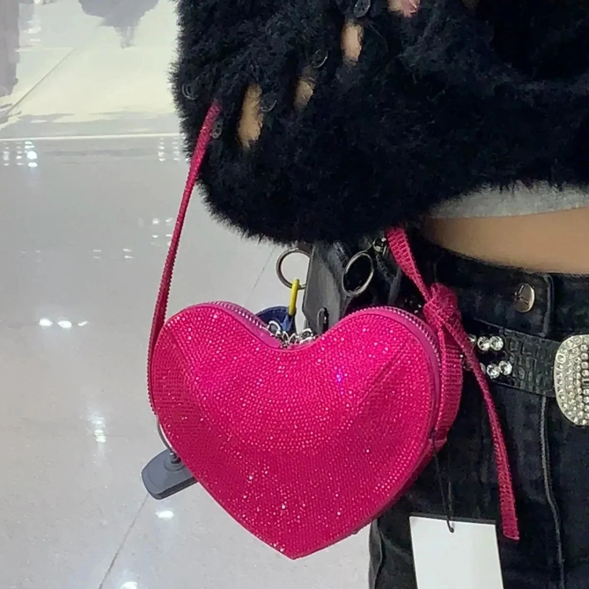 Girls Cute Kawayi Pink Heart Shape Sequins Glitter Bling Carry Bag Harajuku Lolita Y2K HighStreet Party