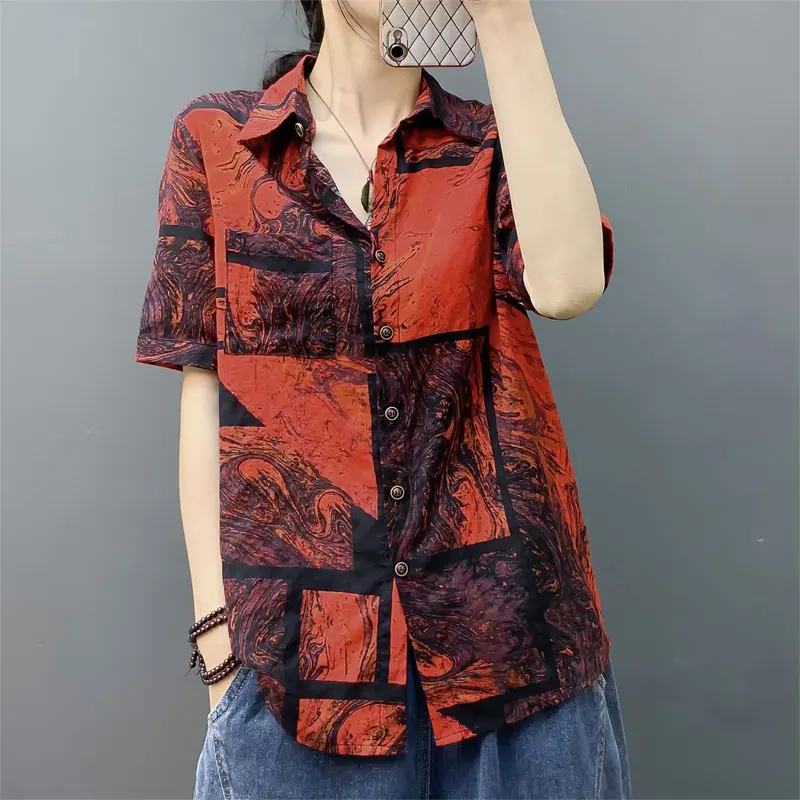 Stylish Geometric Hand-Painted Printed Shirt Female Clothing Casual Vintage Single-breasted Summer Polo-Neck Short Sleeve Blouse vintage style hand painted love bird faberge egg rhinestone jewerly trinket box