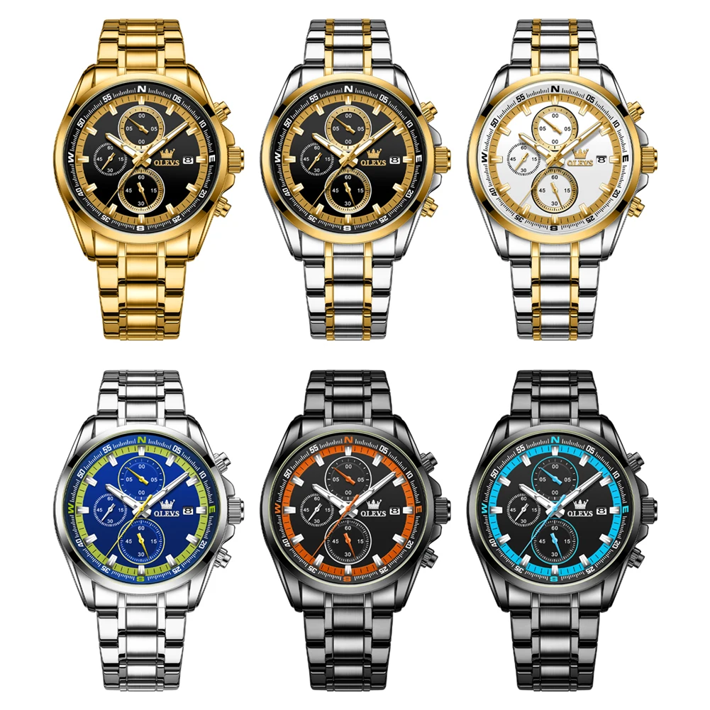 OLEVS Luminous Waterproof Men's Watches Gold Stainless Steel Strap Quartz Watch for Man Date Original Authentication Brand Watch