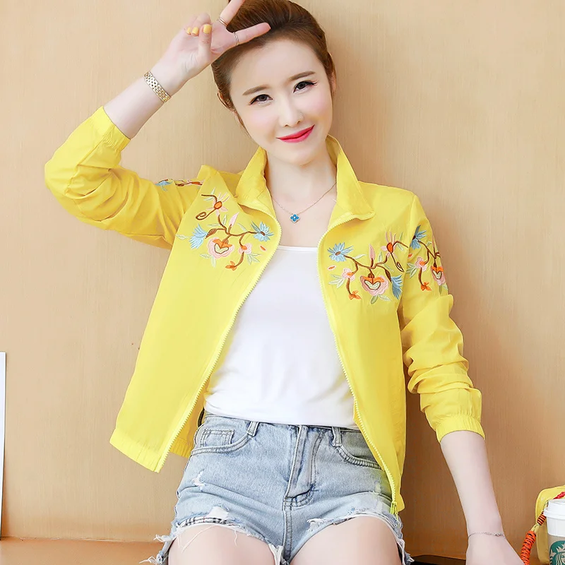 5338 White Yellow Pink Baseball Jacket Women Embroidery Flower Short