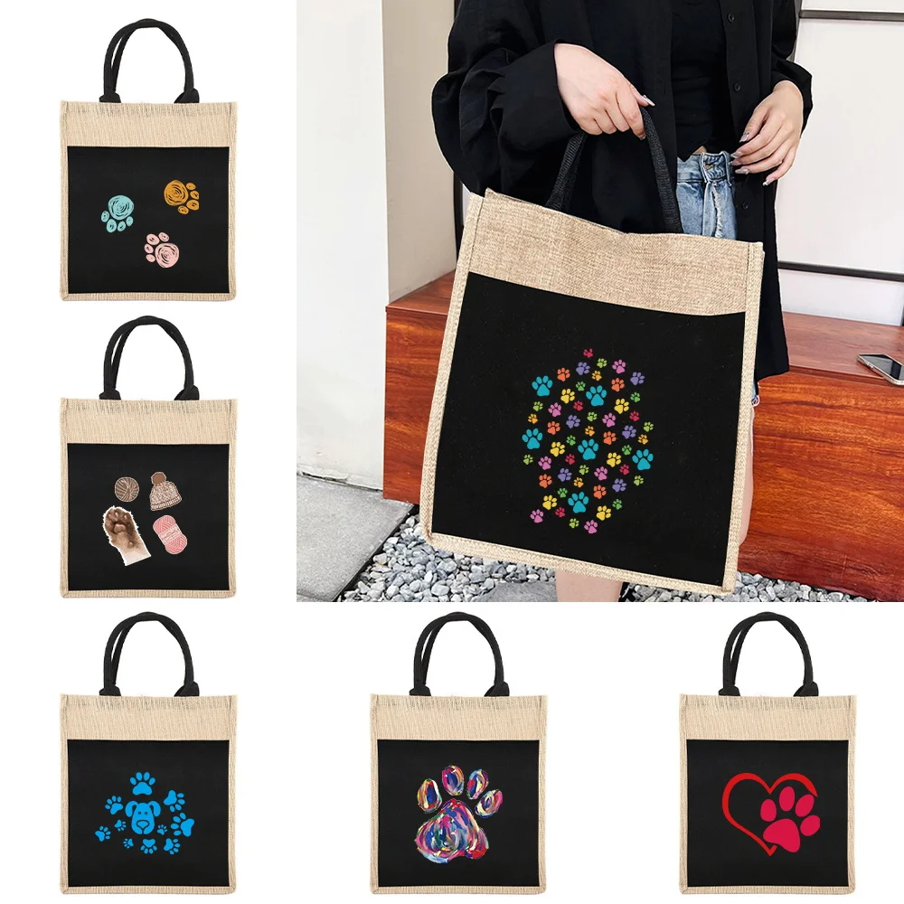 

Tote Bag Woman Linen Shopper Bags Reusable Shopping Bags Women's Shoulder Tote Bag Footprints Series for Grocery Shopping Tote