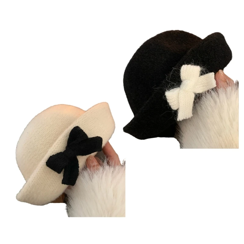 

Adult Thick Plush Bucket Hat Rolled Brim Bowknot Hat Windproof Skiing Hat