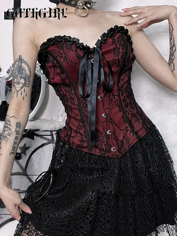 

GothGirl Gothic Aesthetic Corset Lace Patchwork Vest Crop Top Women Sexy Mall Goth Grunge Harajuku Sleeveless Tank Streetwear