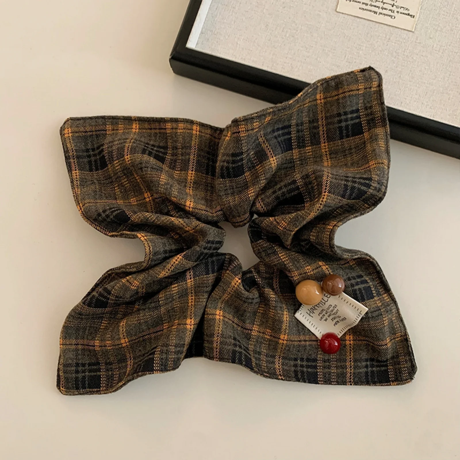 1PC Plaid Scrunchies Set: Vintage - Style Hair Accessories With Cute Beads, Soft Fabric, Perfect For Daily Wear, Gifts For Her