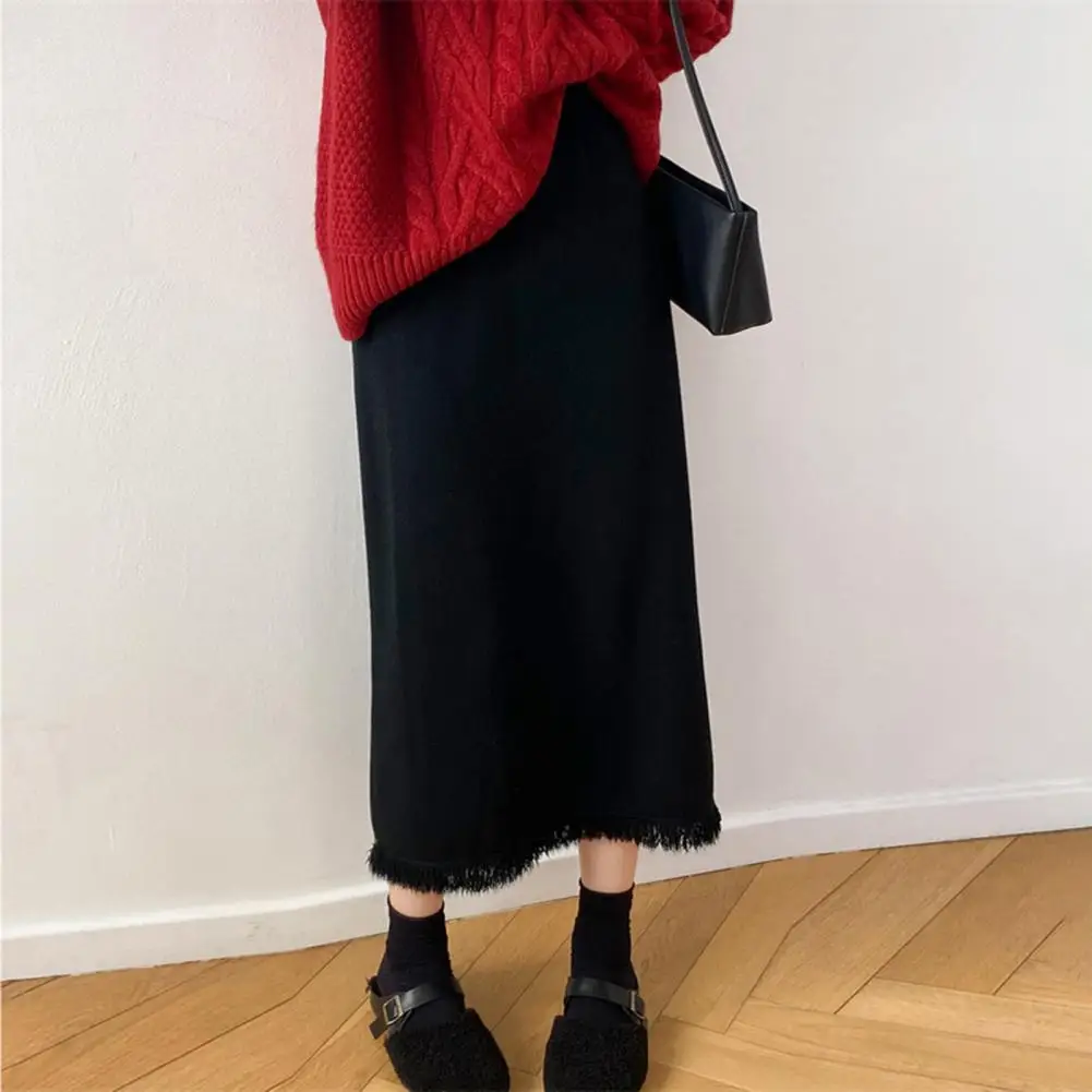 

Stylish Hip-hugging Skirt High Waist Fringed Hem Knitted Midi Skirt for Women Warm Slim Fit Winter Sheath Skirt with Split