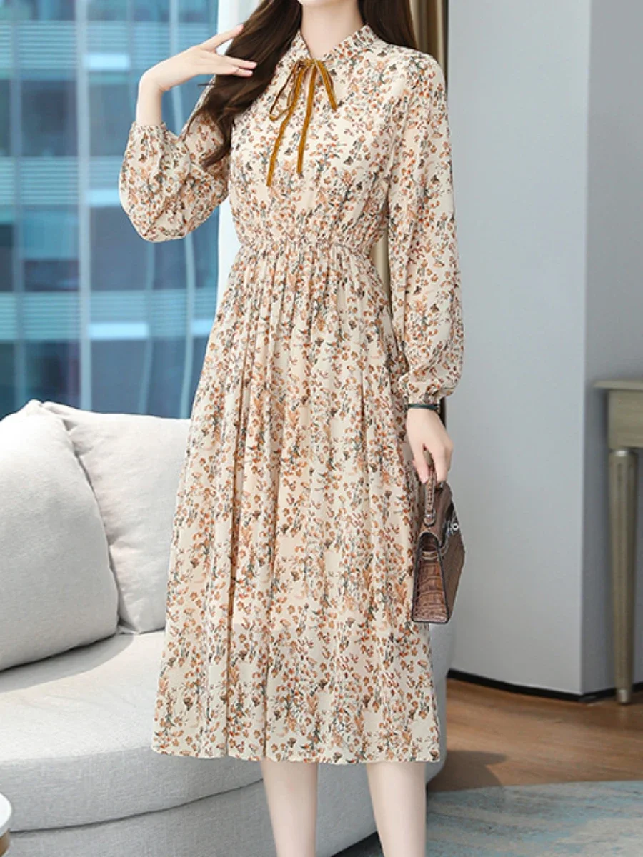Vestido 여성 의류 꽃 프린트 긴 프록 시크 활 넥 긴 소매 스커트, 얇은 여성 의류, 용수철 여름 2024