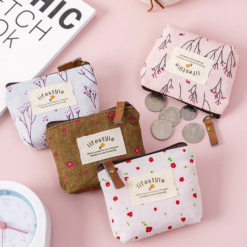 

Fashion Flower Pattern Storage Bag for Lady Girls, Canvas Coin Wallet and Key Pouch