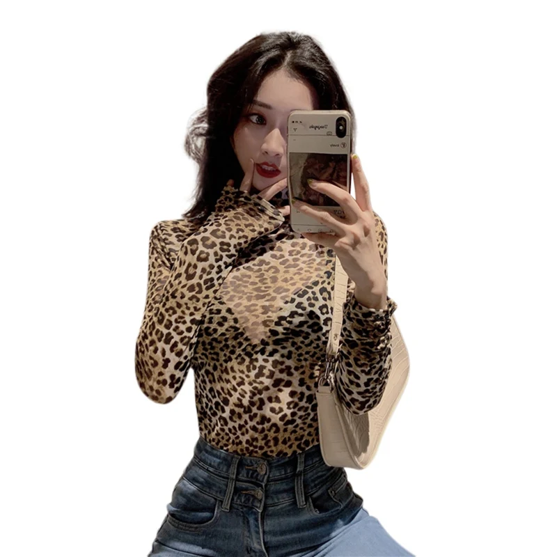 Women Retro Half High Collar Leopard T-shirt Female Autumn Sexy Slim Long-sleeved Mesh T-shirt Perspective Bottoming Tight Top 6