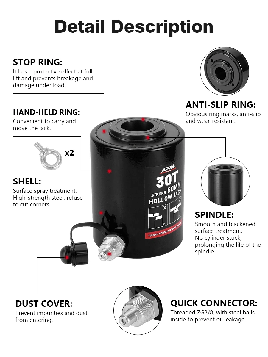 Hydraulic Hollow Plunger Jack 30ton 50mm Hollow Plunger Ram Hydraulic Hollow Cylinder RCH-3050 Hydraulic Lifting Maintenance 4