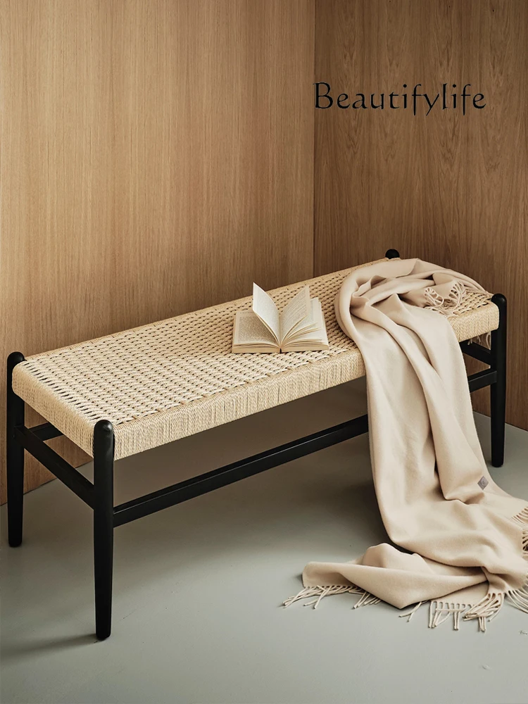 

Quiet Style Solid Wood Rope Bedside Stool Bedroom Black Sofa Stool