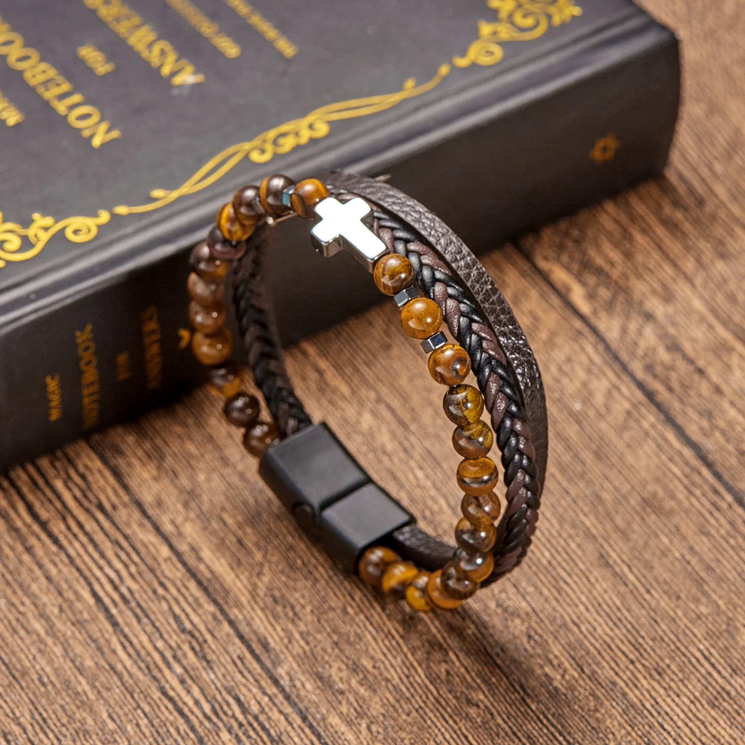 Men Leather Bracelet Vintage Fashion Tiger Eye Volcanic Stone Beaded Multi Layer Leather Cross Bracelet for Men Jewelry Gift leather bracelet beaded bracelet stone bracelet