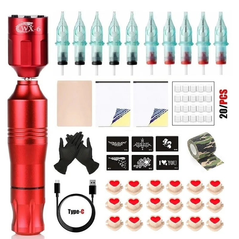 

Wireless Rotary Tattoo Pen Machine Kit DC Jack Tattoo Battery Power With 10pcs Cartridge Needle Complete Tattoo Kit For Beginner