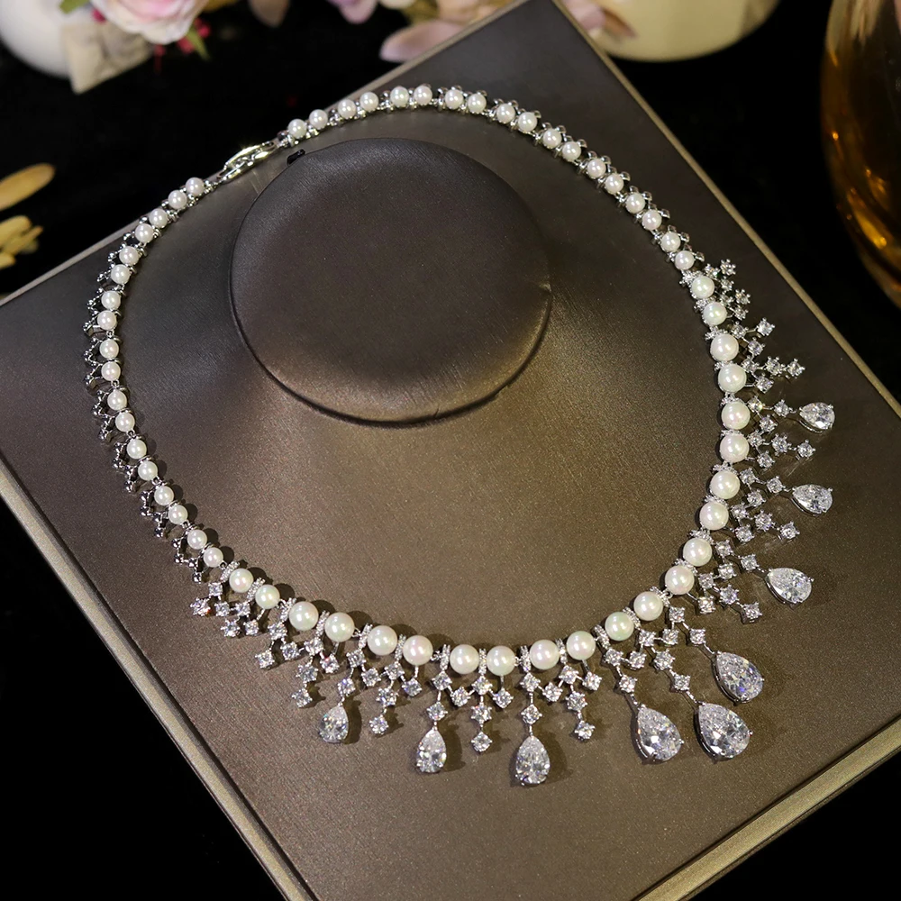 ASNORA Zirkonia Goldene Perlen Schmuck Set Braut Hochzeit CZ Halskette für Bräute conjuntos femininos elegantes_voghion.com