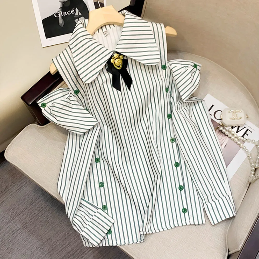 

Fashion Off-Shoulder Women Blouses 2022 Summer Stripe Button Splice Elegant Women's Shirts Ladies Clothes Chic Blusas Tops Woman