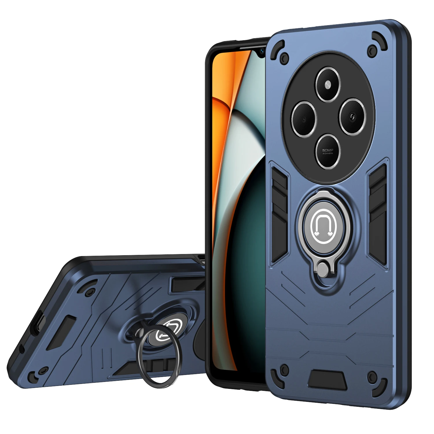 Rugged Shockproof Phone Case with Magnetic Ring Holder and Dual-Material Design
