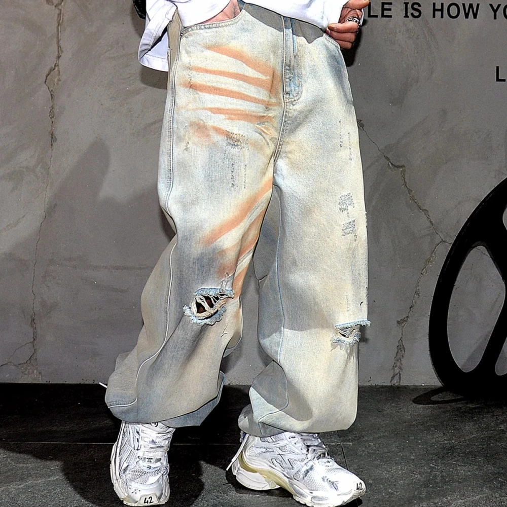 Mens Korean Style Ripped Distressed Loose Fit Jeans Hip Hop Streetwear Vintage Straight Leg Pants Dirty Wash Baggy Trousers Male