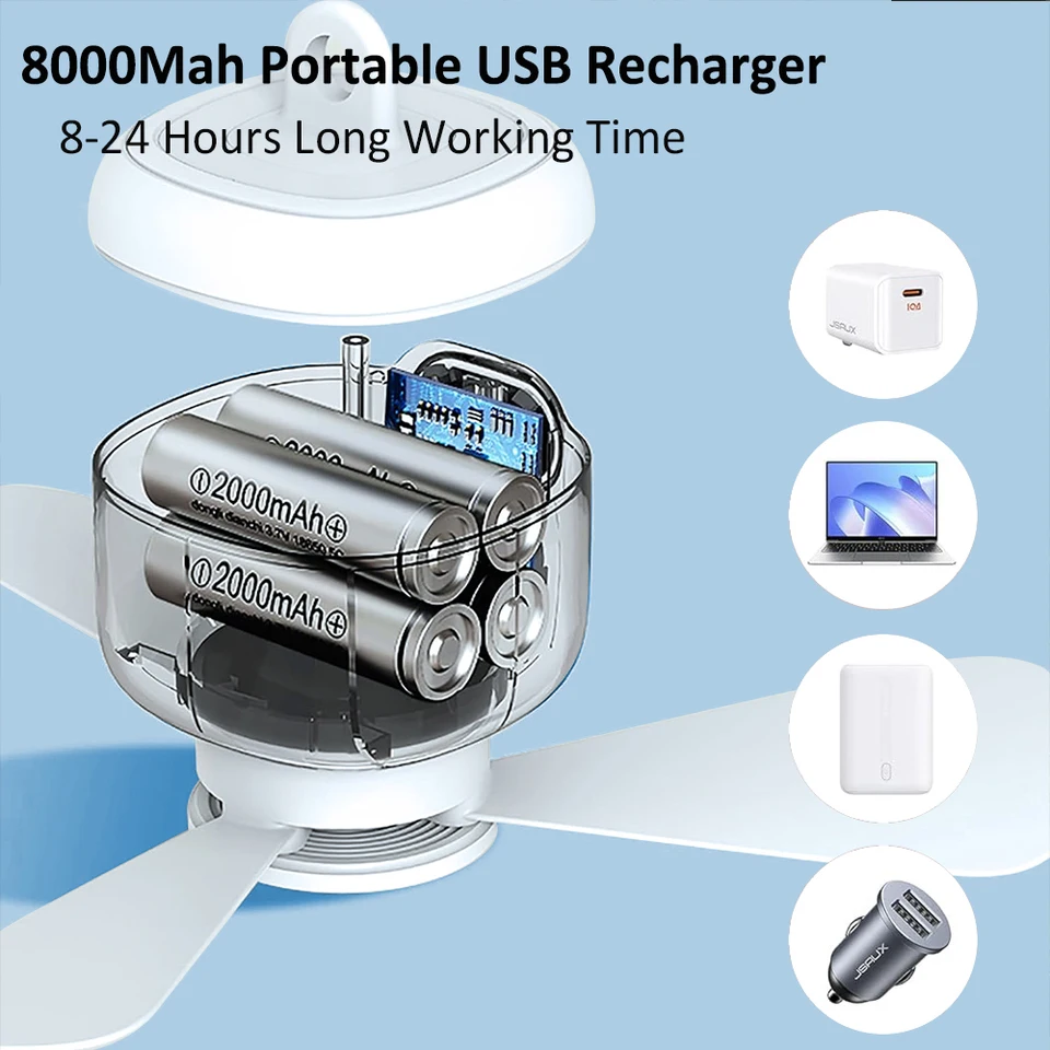 Portable Camping Tent Ceiling Canopy 8000mah Rechargeable Wireless Fan Air Circulators With Remote Control Light_voghion.com