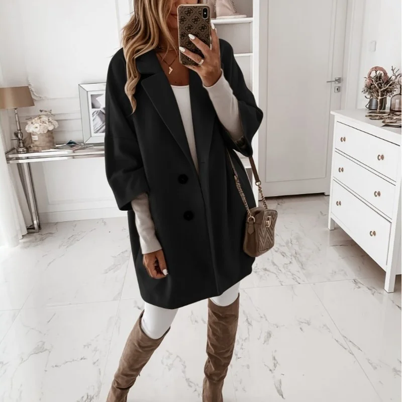Autumn and Winter New  Three-quarter Sleeve Button Lapel Pocket Long Woolen Coat Long Sleeve Temperament Women's Clothing