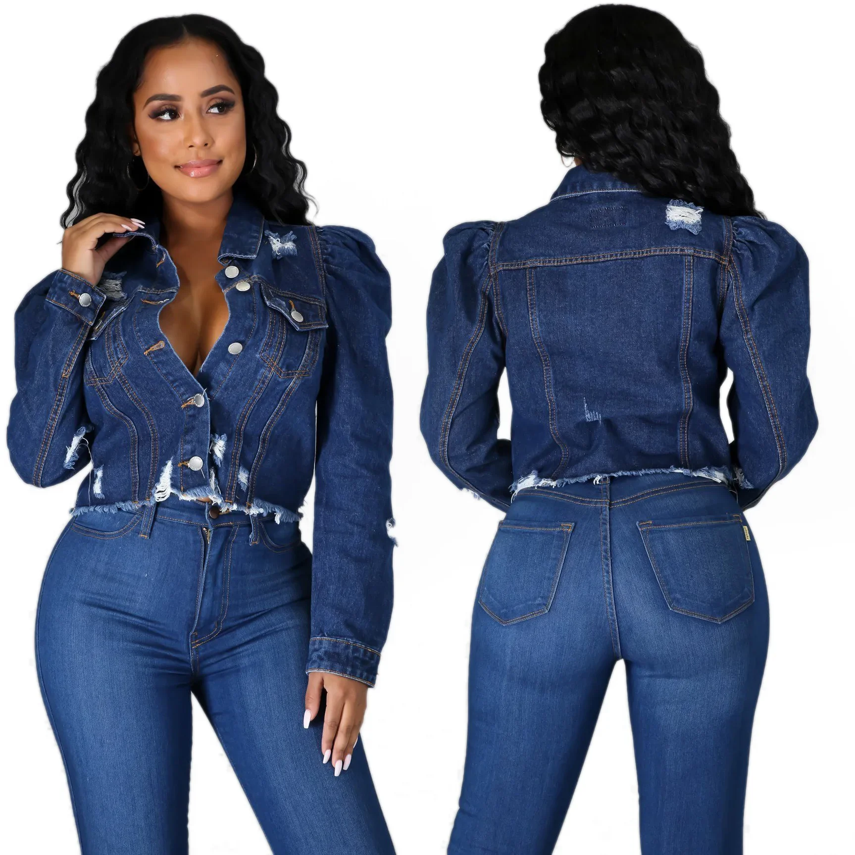 Sexy Ripped Hole Denim Jacket Women Fashion Lapel Long Sleeve Jeans Jacket Vintage Single Breasted Denim Outwear