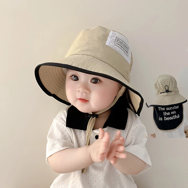 قبعات صيفية للأطفال من الشمس، قبعة صياد لطيفة على شكل رسوم كرتونية للأطفال الصغار مع شال حماية للرقبة، قبعات دلو للأطفال واقية من الشمس في الهواء الطلق