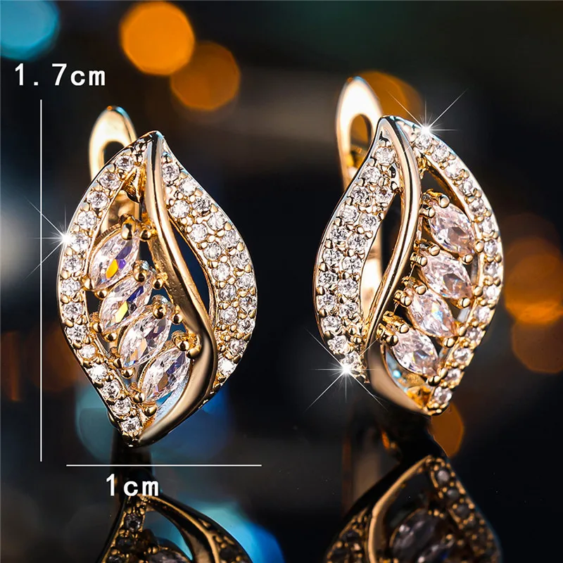Cute White Zircon Stone Leaf Hoop Earrings For Women Female Gold Color Wedding Jewelry Gift