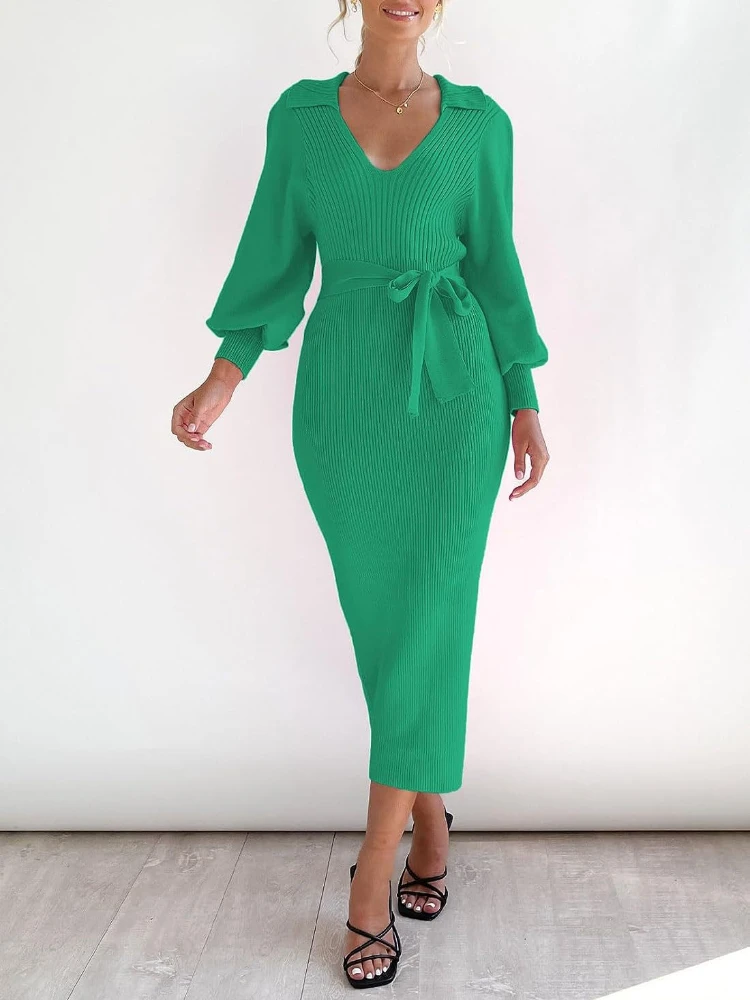 

2023 Autumn/Winter Fashion Women's Mid Length Wool Dress Elegant Long Sleeve V-Neck Sexy Knitted Tight Lace Up Long Dress