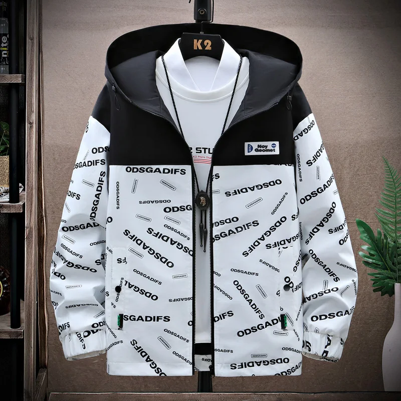 

Куртка мужская демисезонная с капюшоном, ветровка с надписью, пэчворк, модная уличная одежда, свободная повседневная куртка