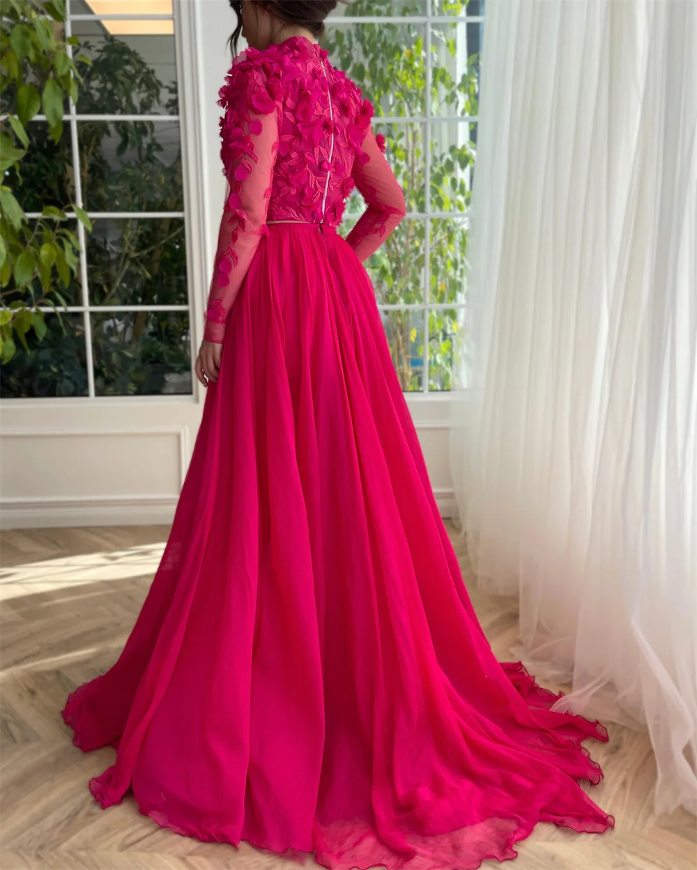 fitted lace wedding dress Zapaka Women Hot Pink Long Prom Dress with Slit A-Line Spaghetti Straps Party Dress, Fuchsia / US20W main image 1
