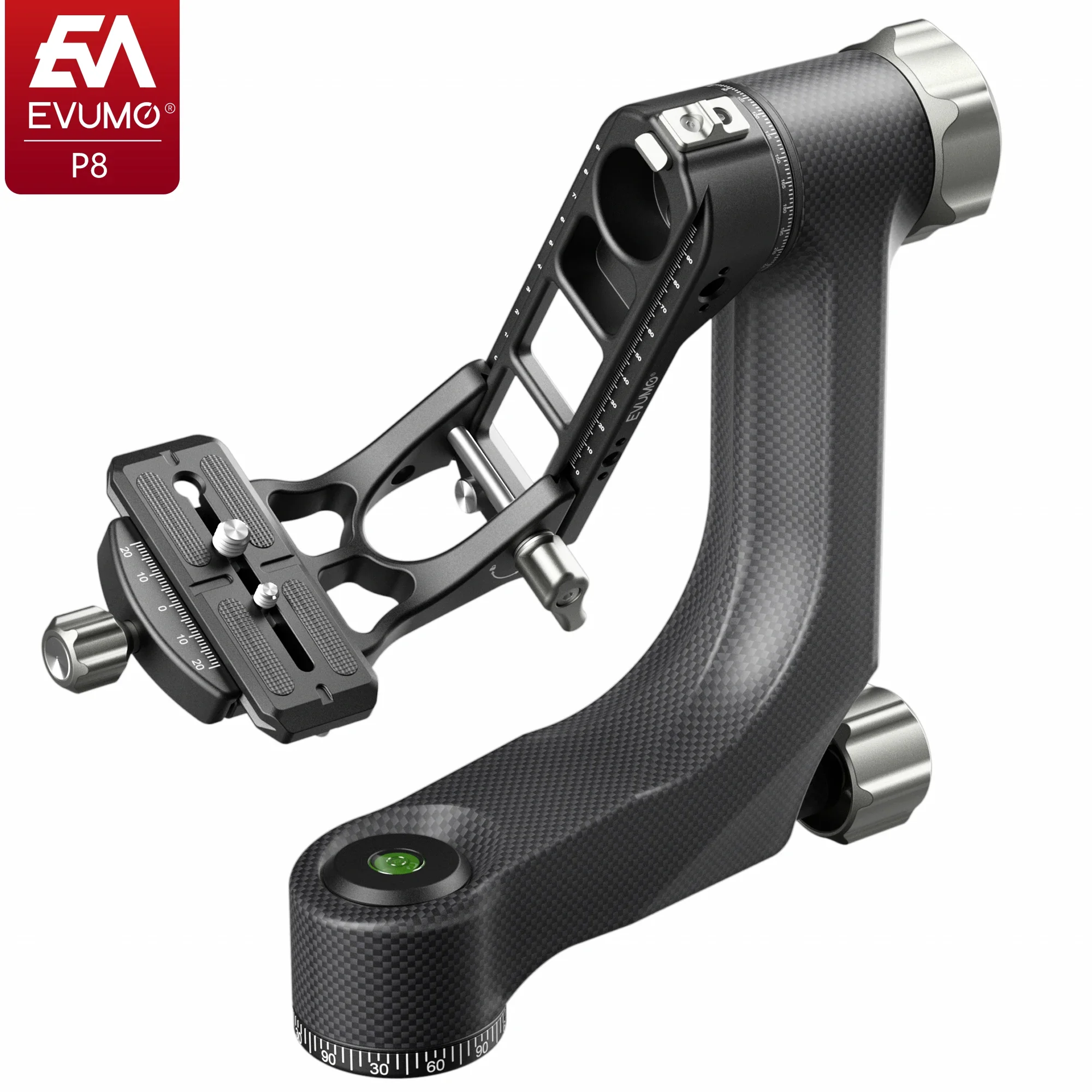 EVUMO P8 Professional Gimbal Head Video Tripod Monopod Head Max Load 15kg 720&deg; Panoramic Rotation for Heavy Long Lens QR Plate