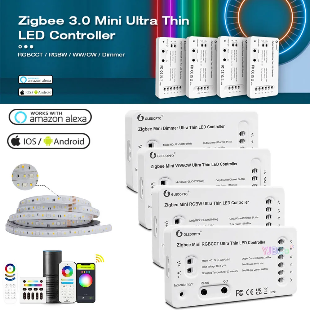 Gledopto Zigbee 3.0 Mini Ultra Thin LED Strip Controller 5V~24V 12V Single color/CCT/RGB/RGBW/RGBCCT Light Dimmer 2.4G RF Remote tuya zigbee wifi smart led controller single color dim rgb rgbw rgbcct strip 2 4g rf remote google echo plus voice control