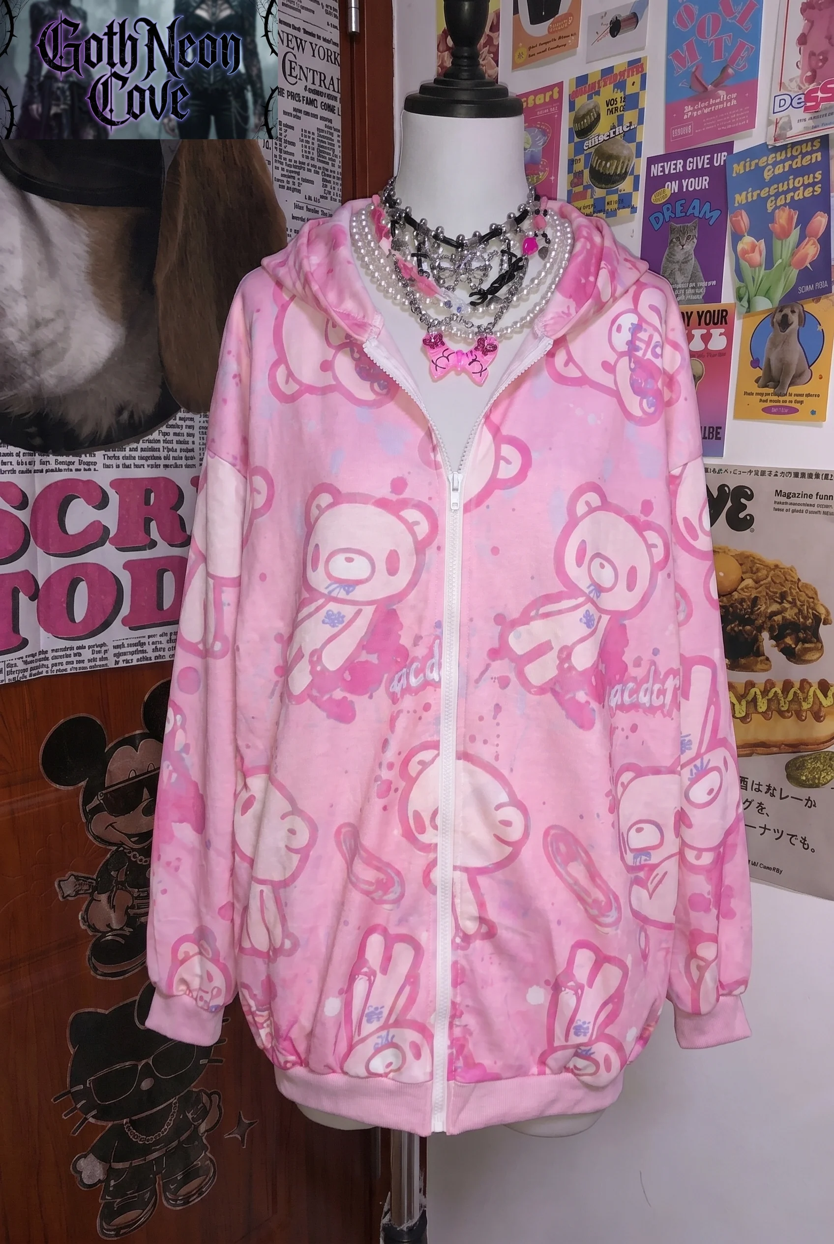 Hoodie Y2K Americano para Mulheres com Estampa de Urso em Cartoon, Casaco de Manga Longa, Subcultura Graffiti Yami Kawaii, Casaco Solto com Capuz