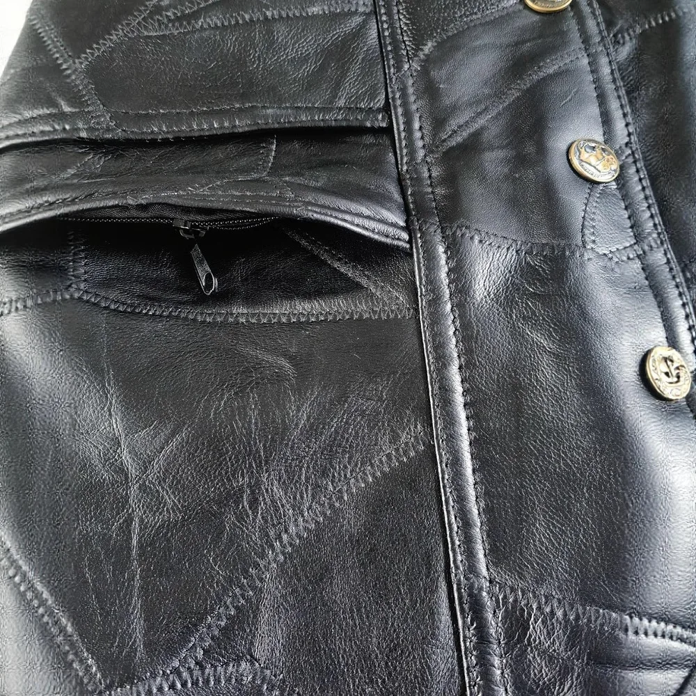 Men's Genuine Leather Vest Motorcycle Riding Jacket Gold Eagle Embroidery Badge Style Biker Vest Streetwear Straight Cut - 4